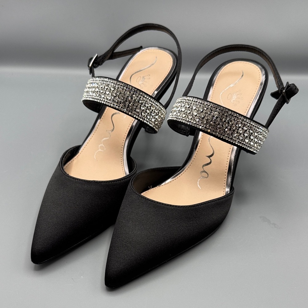 Nina Black Satin Pointed-Toe Slingback Heels with Crystal Straps